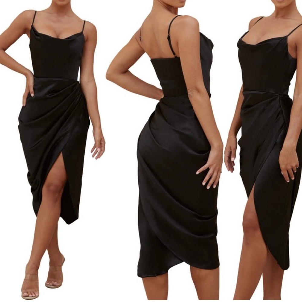 House of CB Black Satin Draped Midi Dress